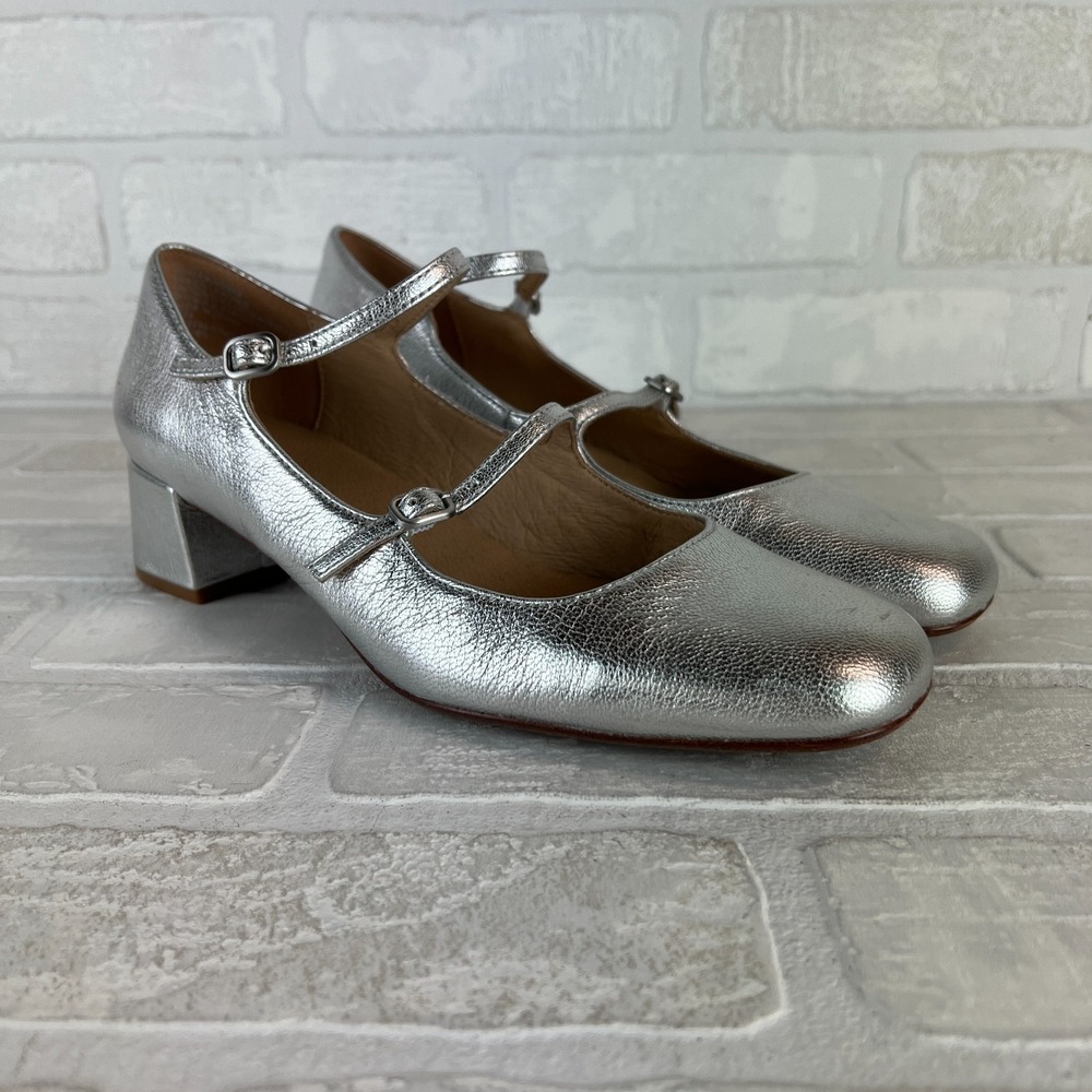 Madewell The Nettie Heeled Mary Jane Womens 8.5 Bright Silver Metallic Leather
